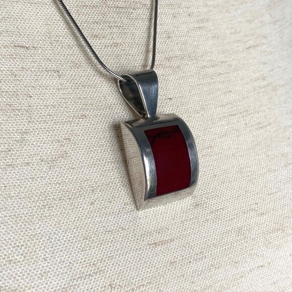 Solid Sterling Silver 925 Curved Sim Red Jasper Pendant Necklace 20" Snake Chain - Picture 11 of 16